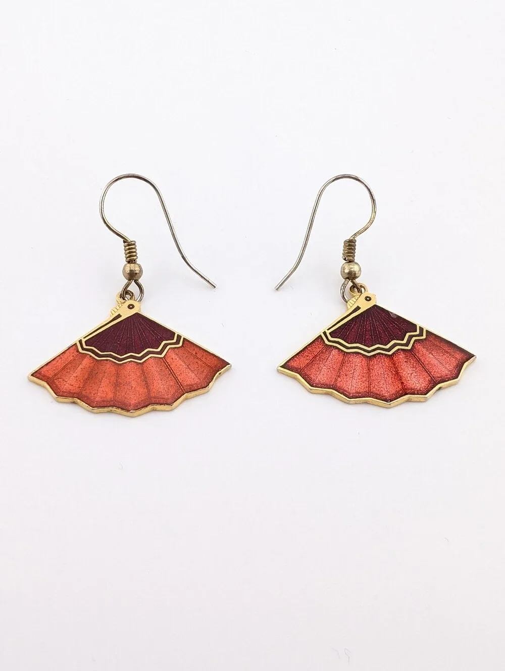 Vintage Cloisonne Fan Gold Earrings - Classic Estate Jewelry - Picture 4 of 6